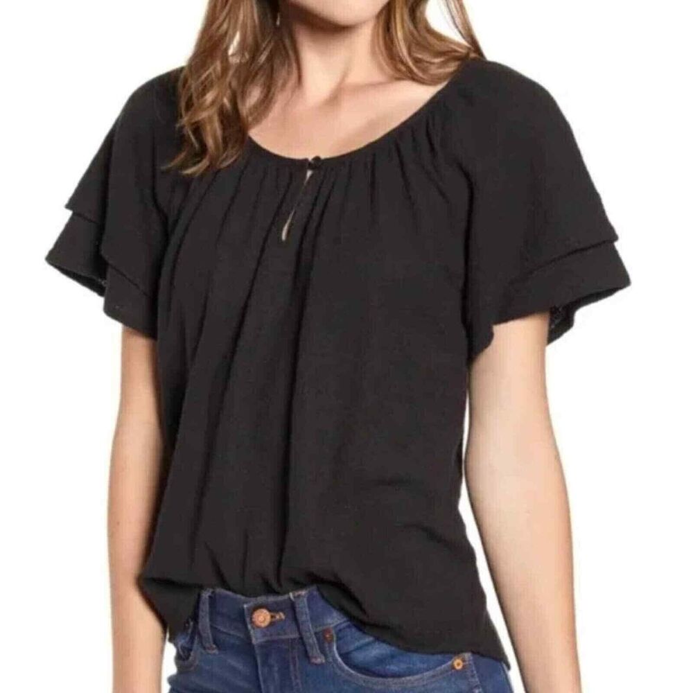 Madewell Women's Texture & Thread Tiered Sleeve Top Black 2XSmall MSRP $45